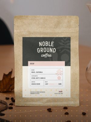 Decaf bag of coffee with Noble Grounds Logo