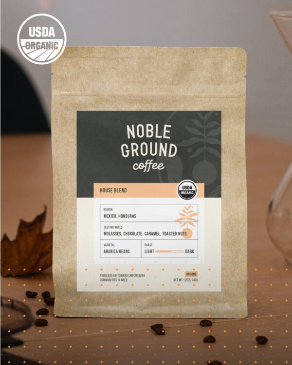 House Blend bag of coffee with Noble Grounds Logo
