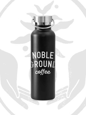 Black water bottle with Noble Grounds Coffee logo