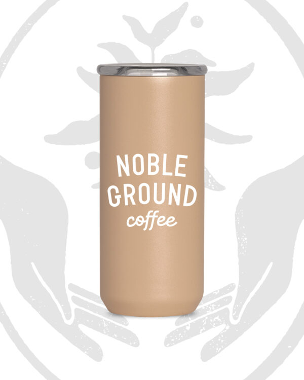 Tan tumbler with Noble Ground Coffee logo