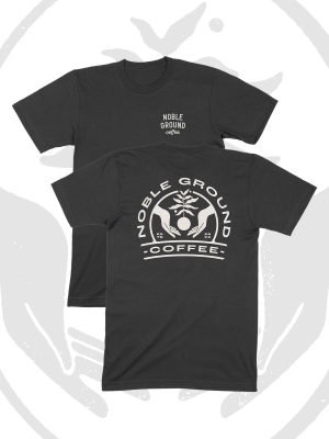Two black t-shirts with Noble Grounds Coffee logo