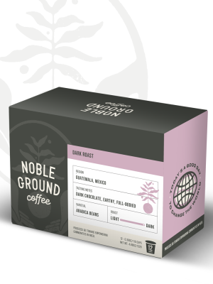 Dark Roast coffee K-Cups box with Noble Grounds Coffee logo