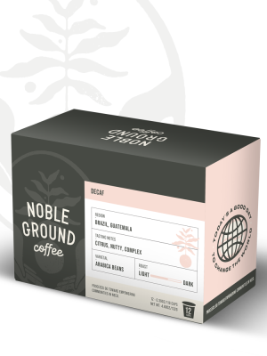 Decaf coffee K-Cups box with Noble Grounds Coffee logo