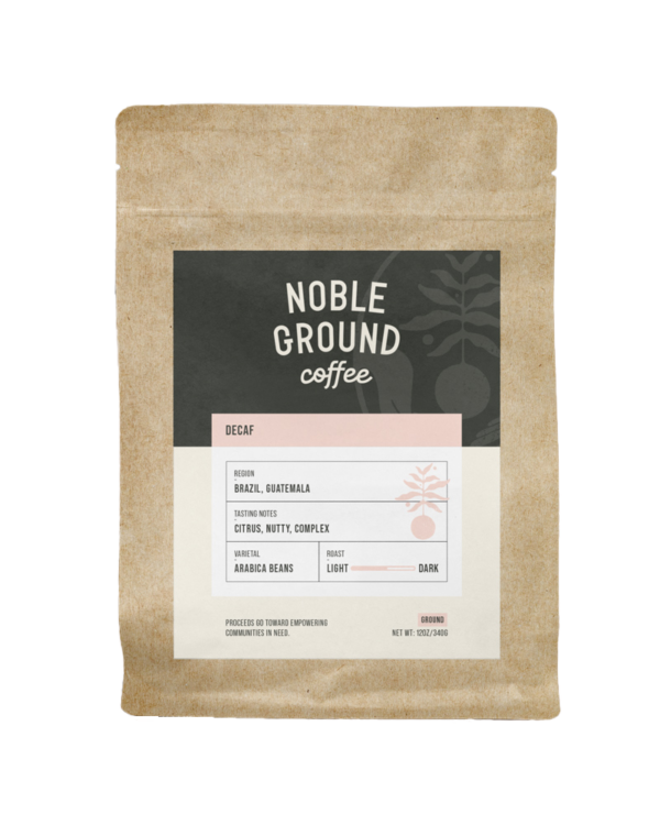 Decaf bag of coffee with Noble Ground Logo
