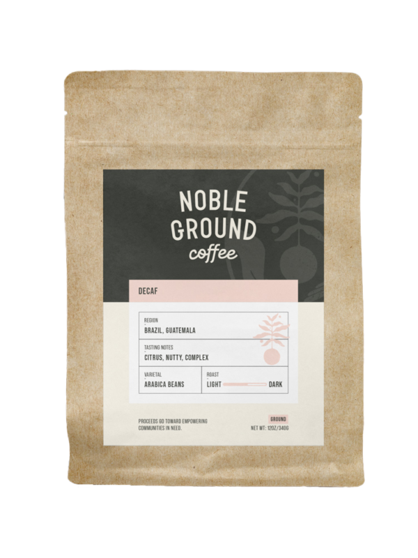 Decaf bag of coffee with Noble Ground Logo