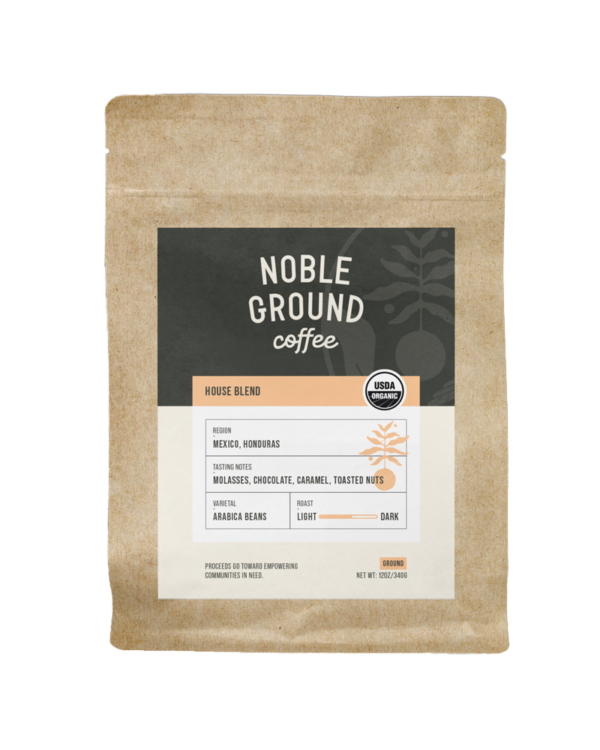 House Blend bag of coffee with Noble Ground Logo