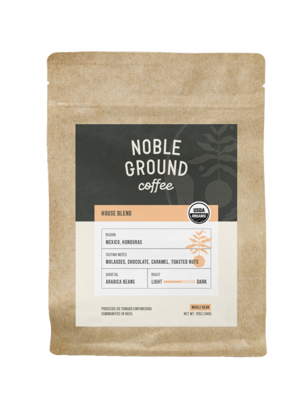 House Blend bag of coffee with Noble Ground Logo