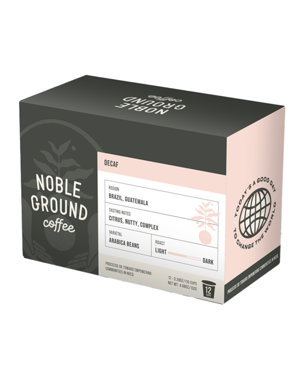 Decaf coffee K-Cups box with Noble Ground Coffee logo