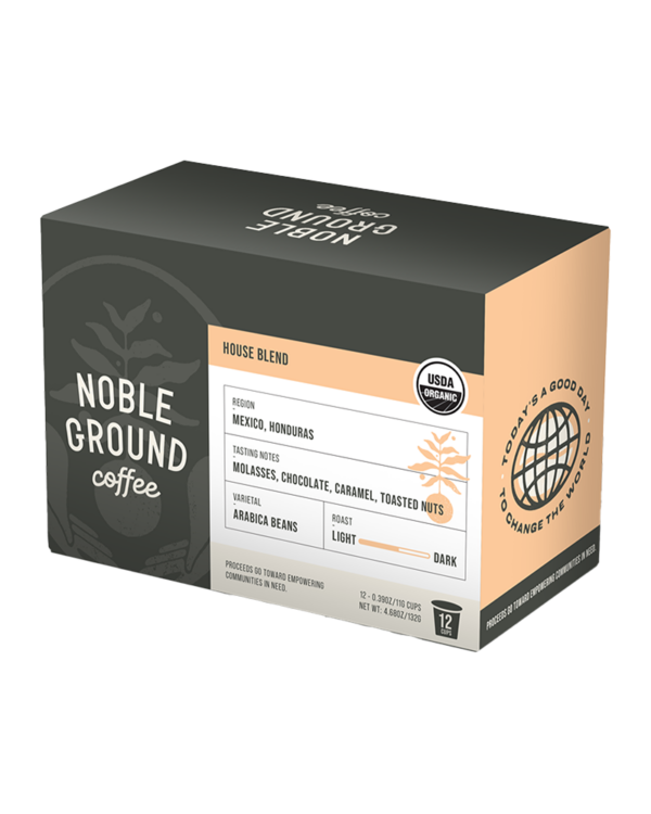 House Blend coffee K-Cups box with Noble Ground Coffee logo