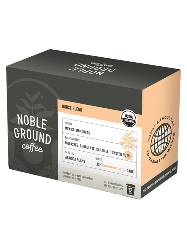 House Blend coffee K-Cups box with Noble Ground Coffee logo