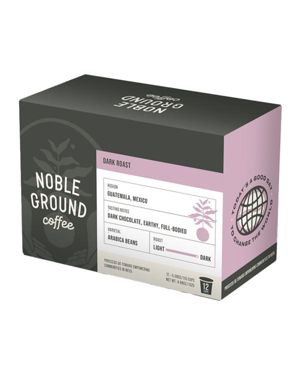 Dark Roast coffee K-Cups box with Noble Ground Coffee logo