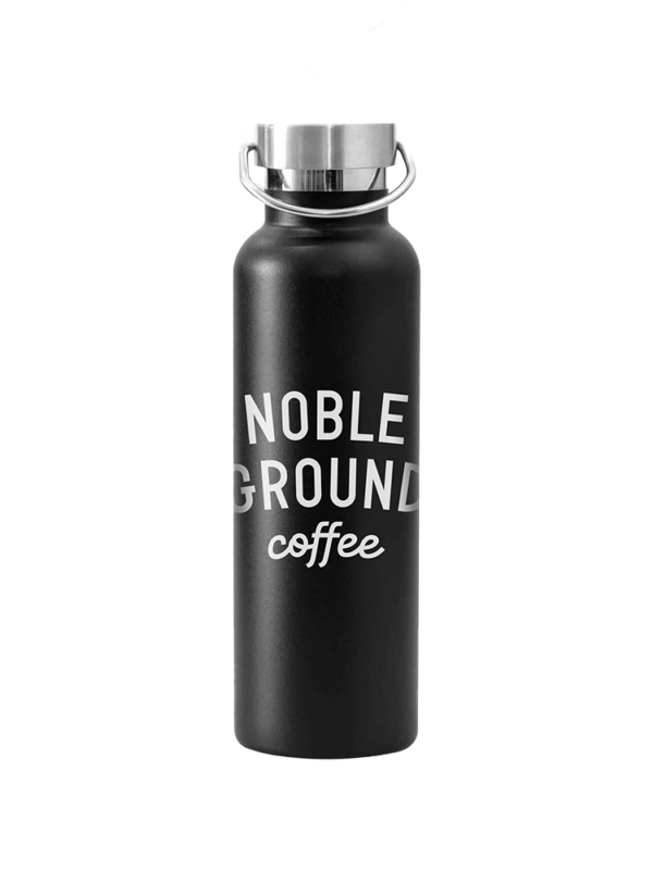 Black Water bottle with Noble Ground logo on it